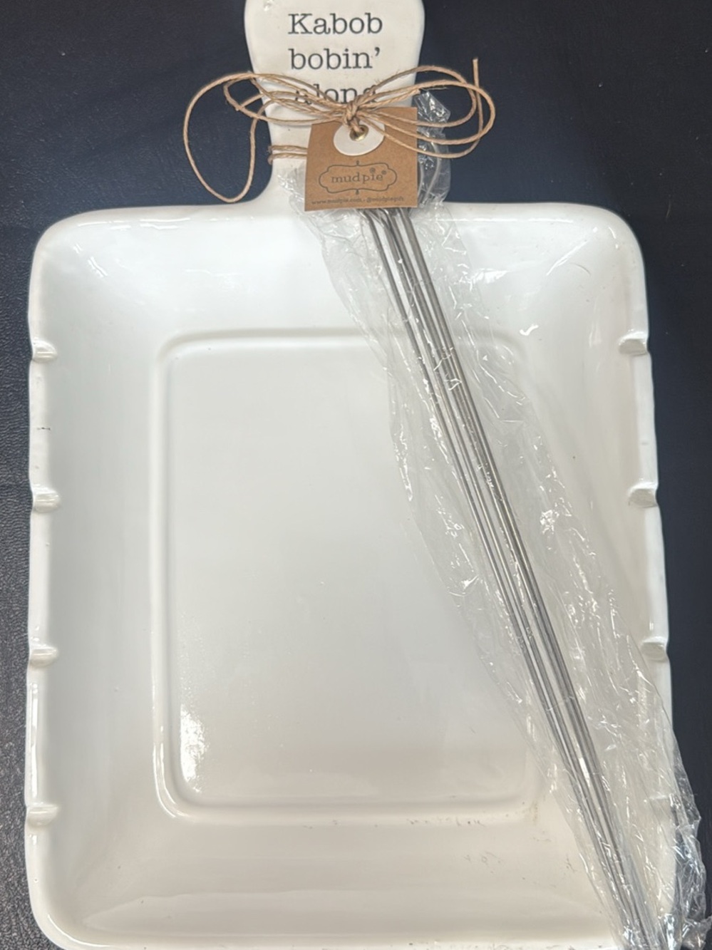 Mud Pie White Ceramic Kabob Serving Platter with Skewers